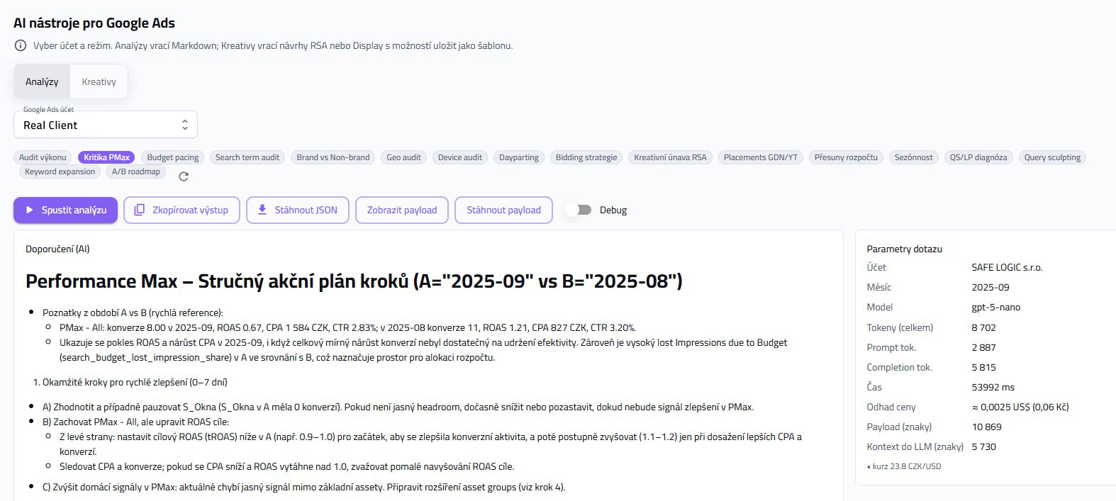 AI audit účtu Google Ads – doporučení optimalizace