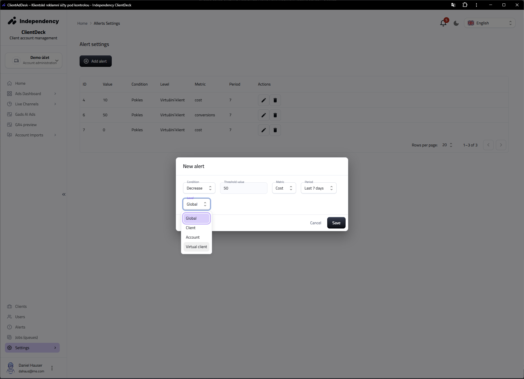 Alerty – nastavení a výsledky upozornění na výkon kampaní