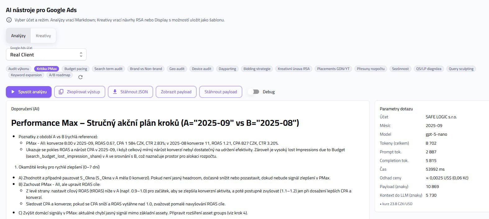 AI audit účtu Google Ads – doporučení optimalizace
